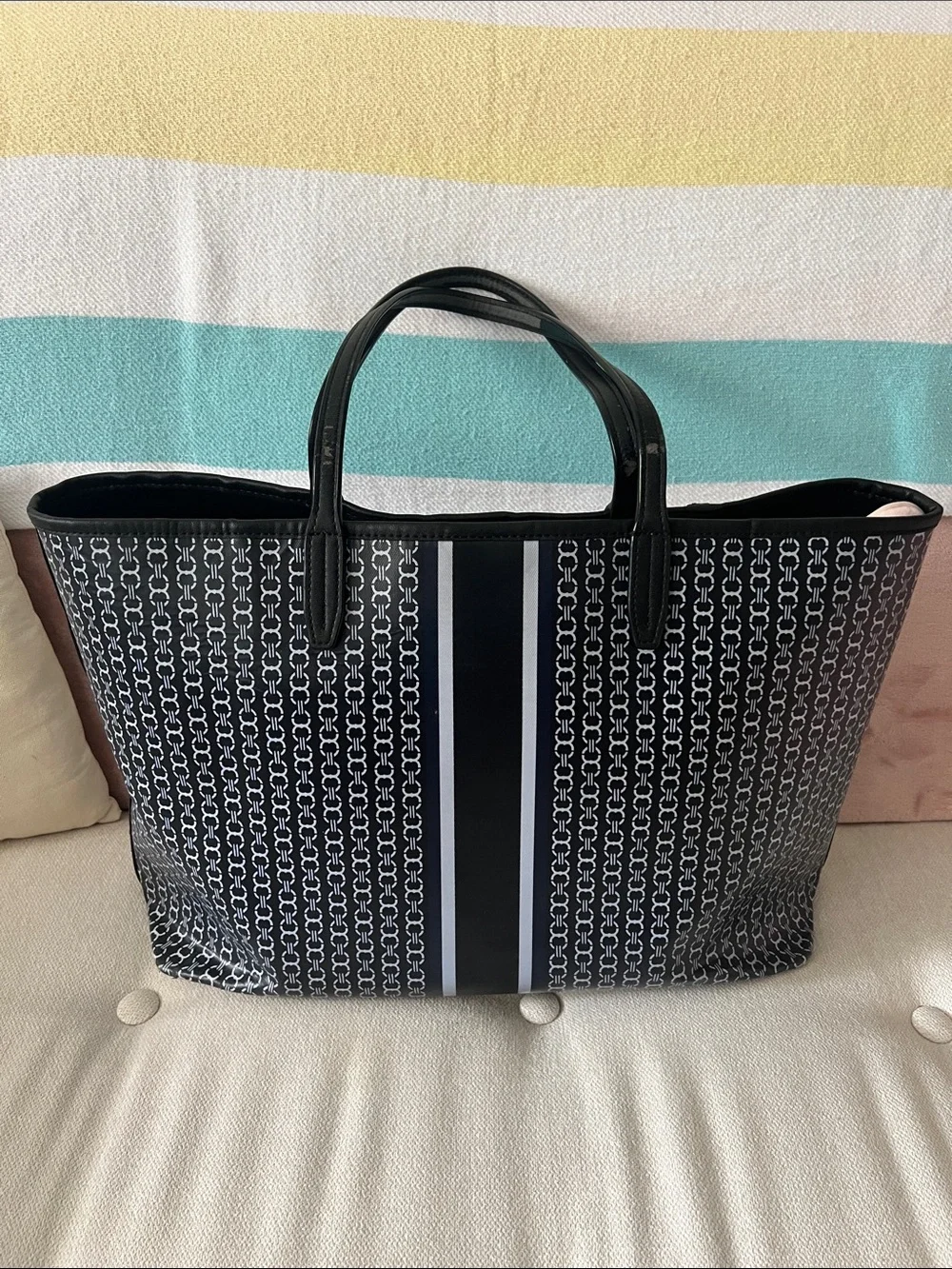 Tory Burch Black Monogram Stripe Tote with Center Plaque